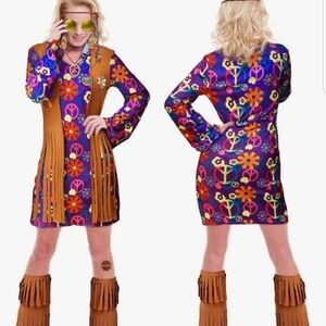 Womens 70s Hippie Dress with Attached Fringe Vest - Size XL